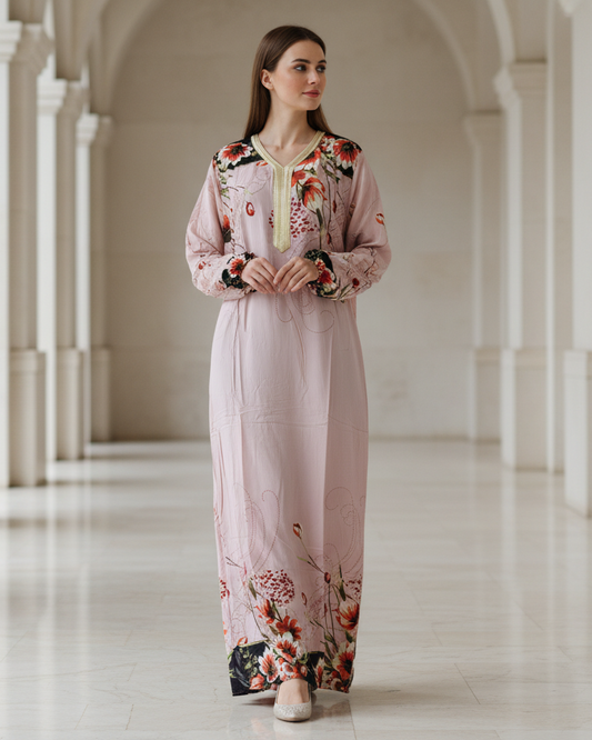 Blush Pink Floral Jalabiya Dress for Women – Soft Elegant Modest Gown