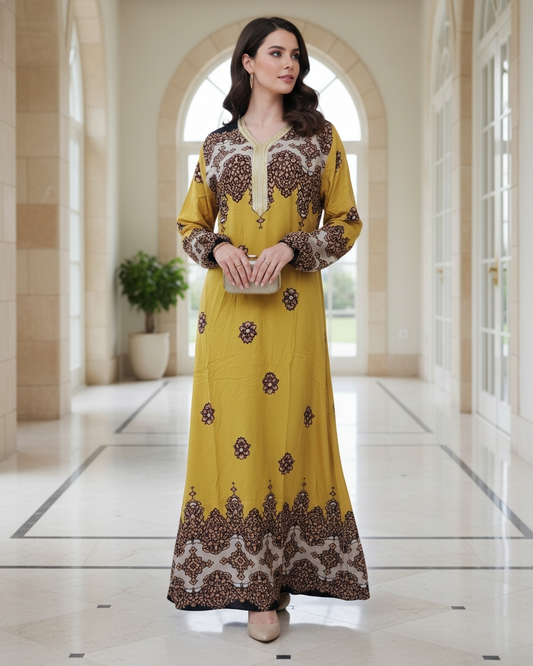 Mustard Gold Jalabiya with Burgundy Ethnic Embroidery - Regal Modest Kaftan for Women