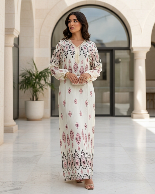 Ivory White Ikat Print Jalabiya - Elegant Pink and Purple Modest Kaftan for Women