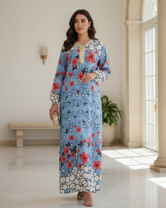 Sky Blue Floral Print Jalabiya with Red Poppy Embroidered Neckline for Women