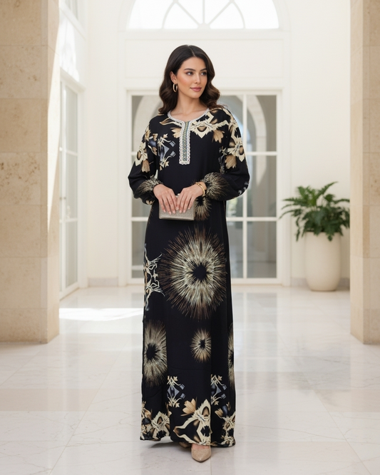 Black Gold Sunburst Floral Print Jalabiya Kaftan Maxi Dress for Women