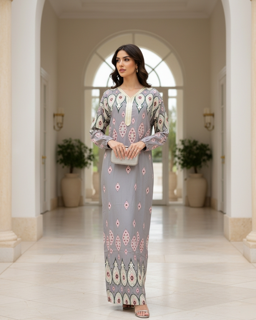 Grey Peacock Feather Print Jalabiya with Embroidered Neckline Modest Maxi Dress