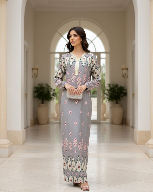 Grey Peacock Feather Print Jalabiya with Embroidered Neckline Modest Maxi Dress