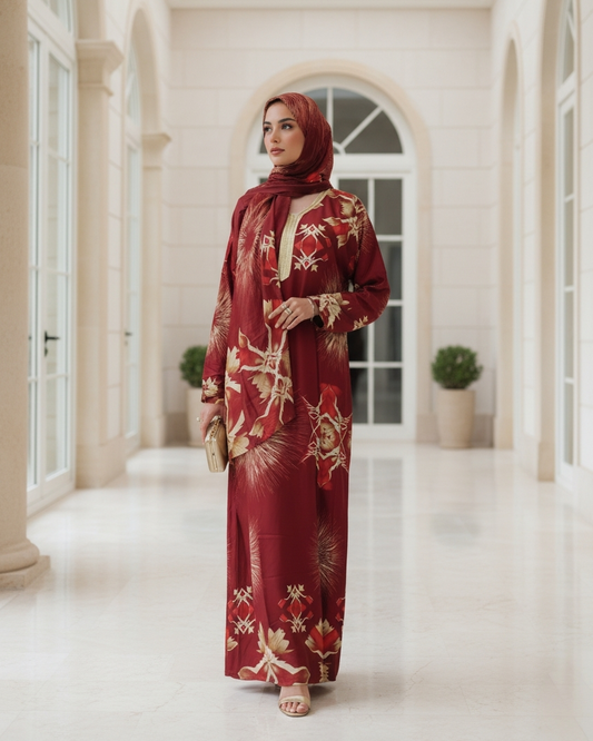 Burgundy Red Floral Jalabiya Set with Matching Hijab and Gold Embroidery