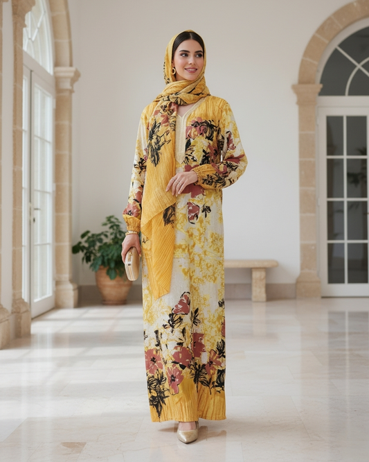 Yellow Rose Floral Print Jalabiya Set with Matching Hijab Summer Modest Dress