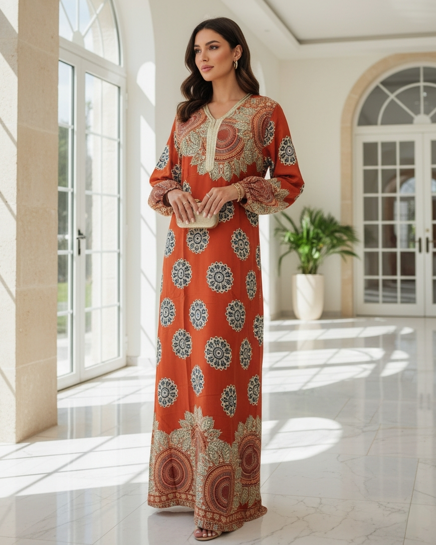 Orange Mughal Print Jalabiya Dress - Traditional Arabic Kaftan for Women