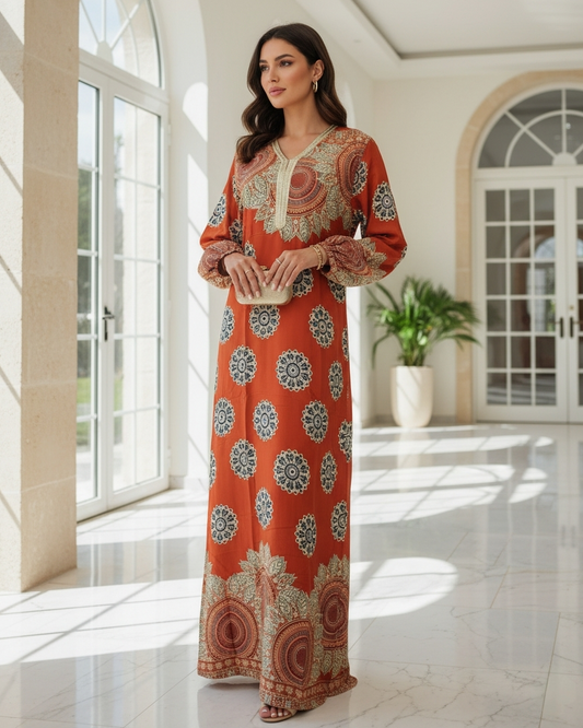 Orange Mughal Print Jalabiya Dress - Traditional Arabic Kaftan for Women