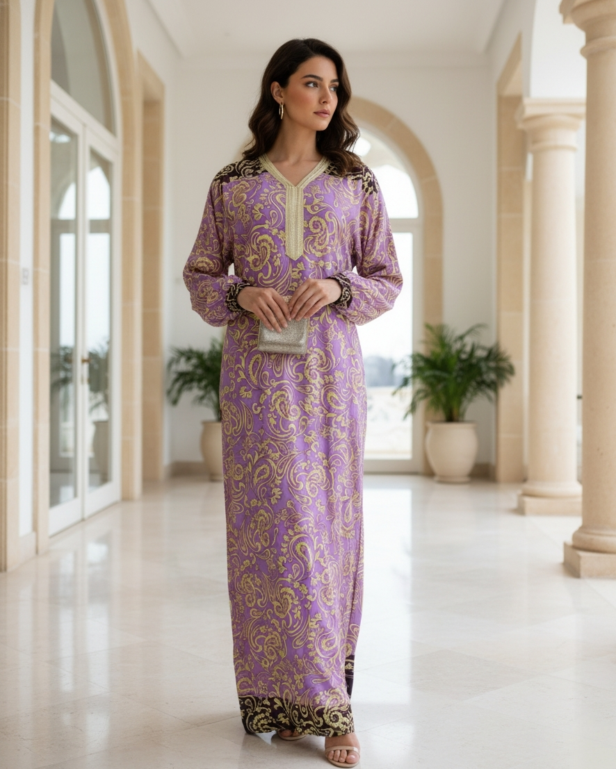 Lilac Purple Printed Jalabiya Kaftan - Elegant Modest Abaya for Women