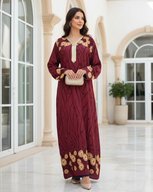 Maroon Burgundy Jalabiya with Gold Floral Embroidery Elegant Modest Kaftan Dress