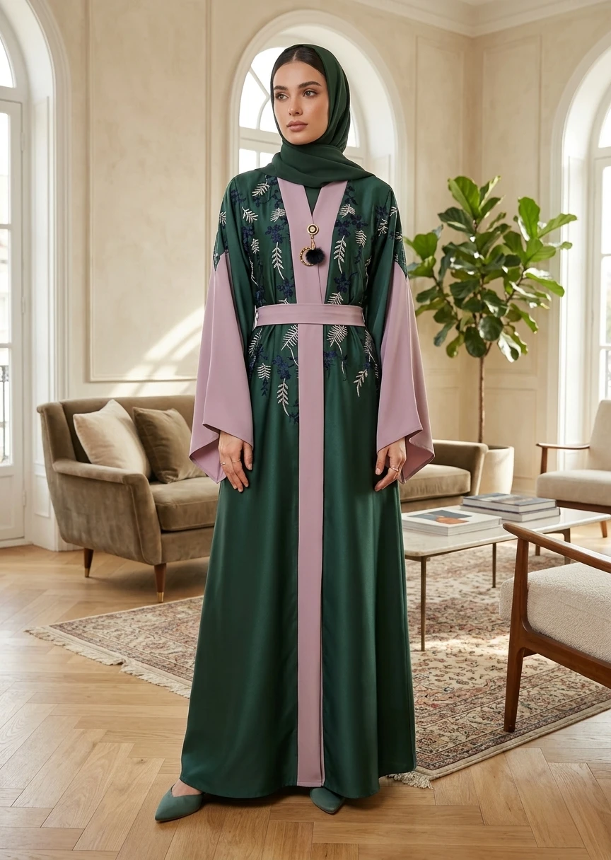 Emerald Green Floral Embroidered Belted Dubai Style Abaya for Women