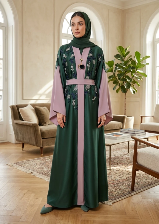 Emerald Green Floral Embroidered Belted Dubai Style Abaya for Women
