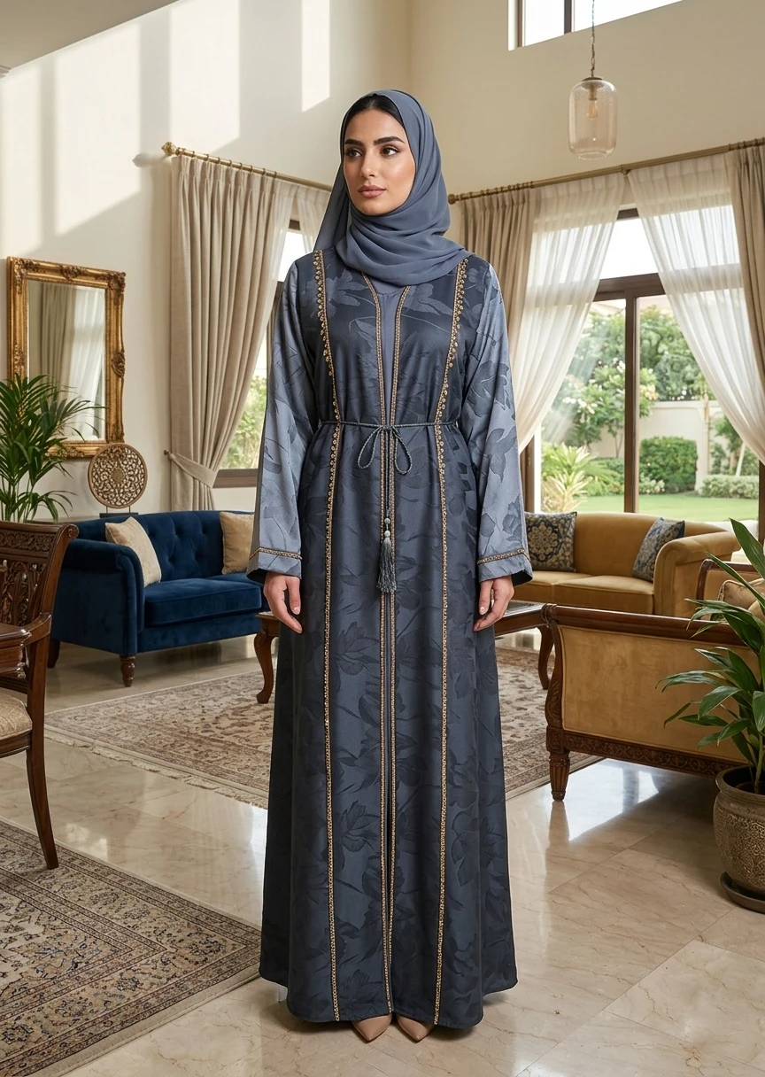 Slate Blue Jacquard Open Front Dubai Style Abaya with Gold Trim for Women
