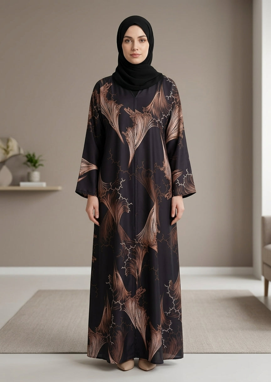 Premium Tiktalk Feather Print Abaya – Black