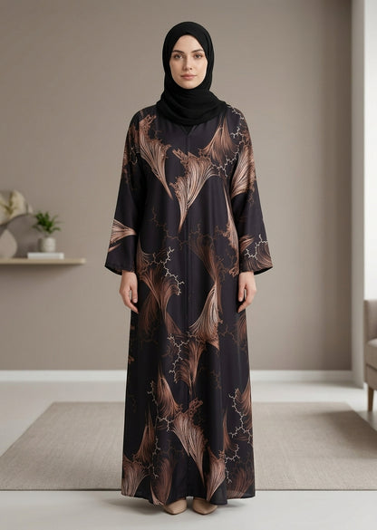 Premium Tiktalk Feather Print Abaya – Black