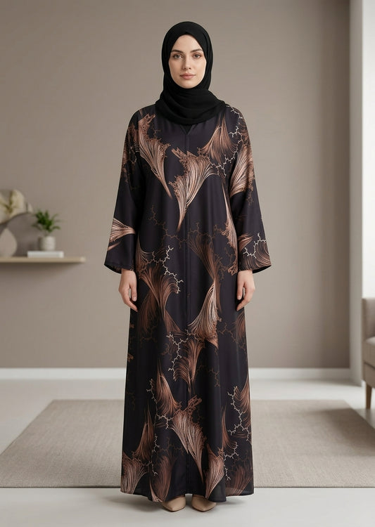 Premium Tiktalk Feather Print Abaya – Black