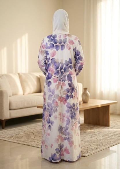 Floral Print Premium Tiktalk Closed Abaya – White & Lavender