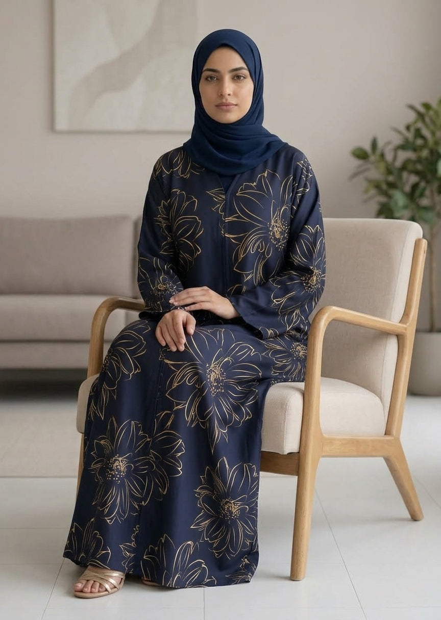 Elegant Gold Floral Black Abaya Set with Matching Hijab