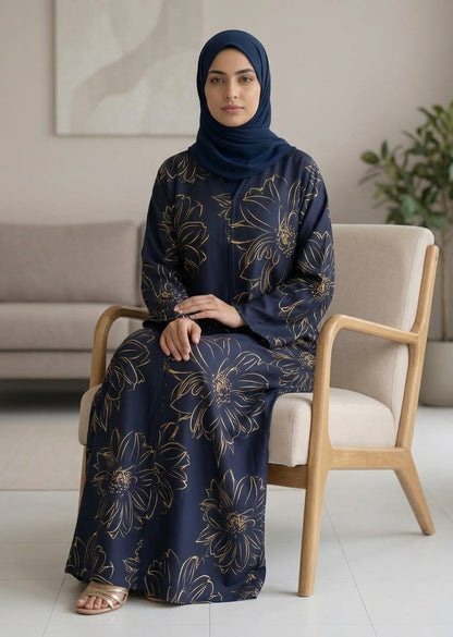Elegant Gold Floral Black Abaya Set with Matching Hijab