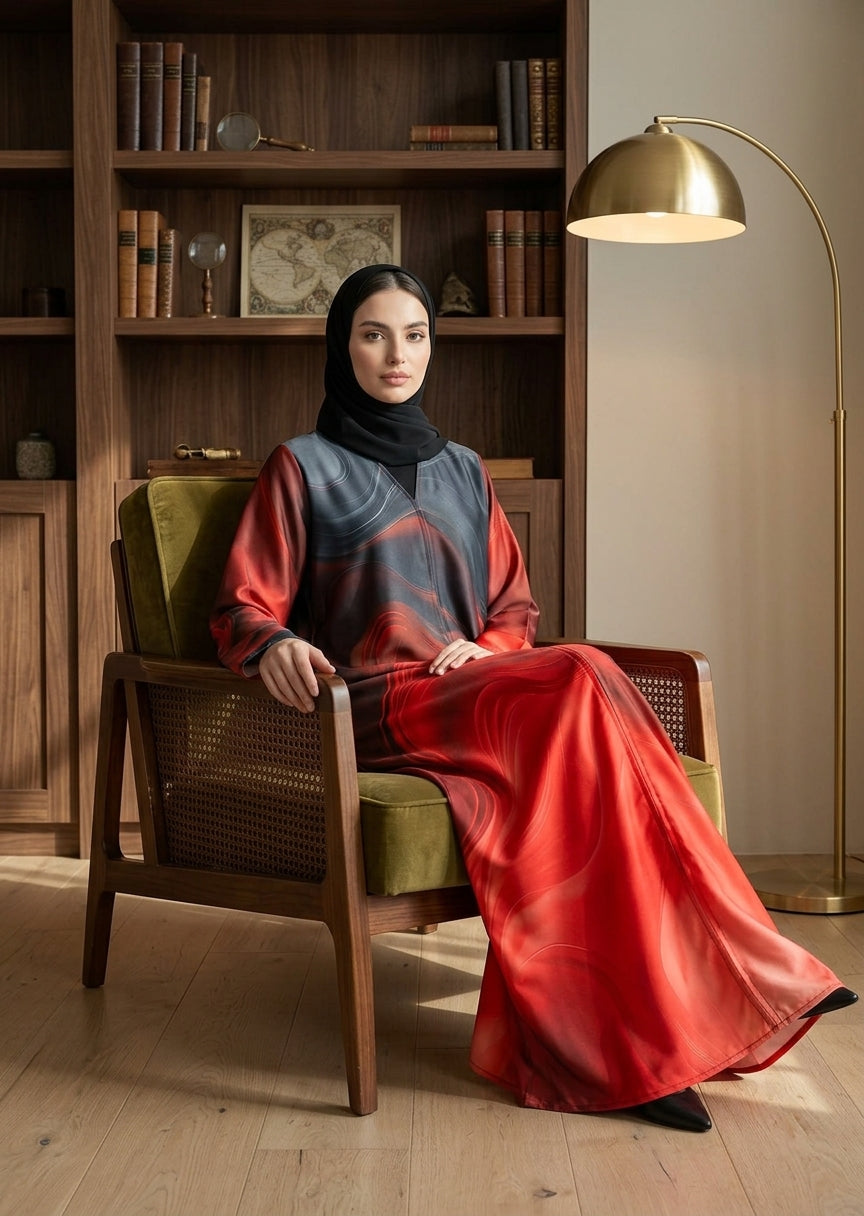 Fiery Flame Abstract Print Front-Close Abaya with Matching Sheila