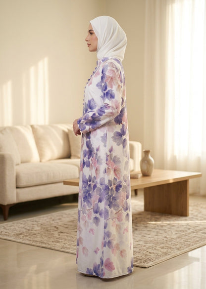Floral Print Premium Tiktalk Closed Abaya – White & Lavender