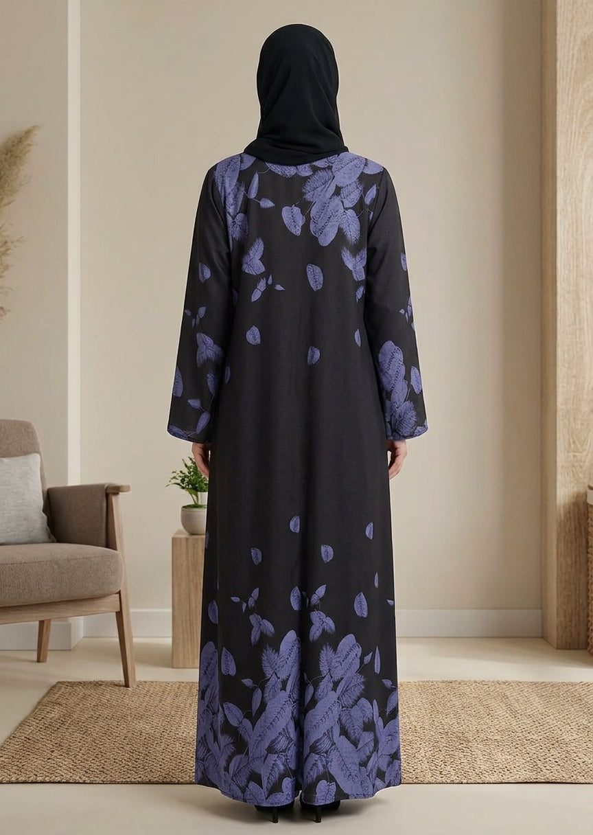 Premium Leaf Print Abaya – Black & Dusty Violet