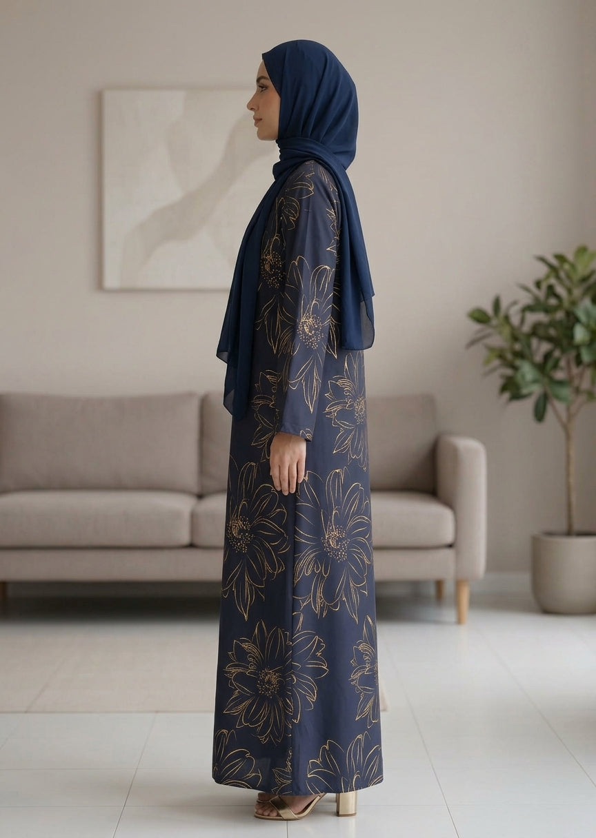 Elegant Gold Floral Black Abaya Set with Matching Hijab