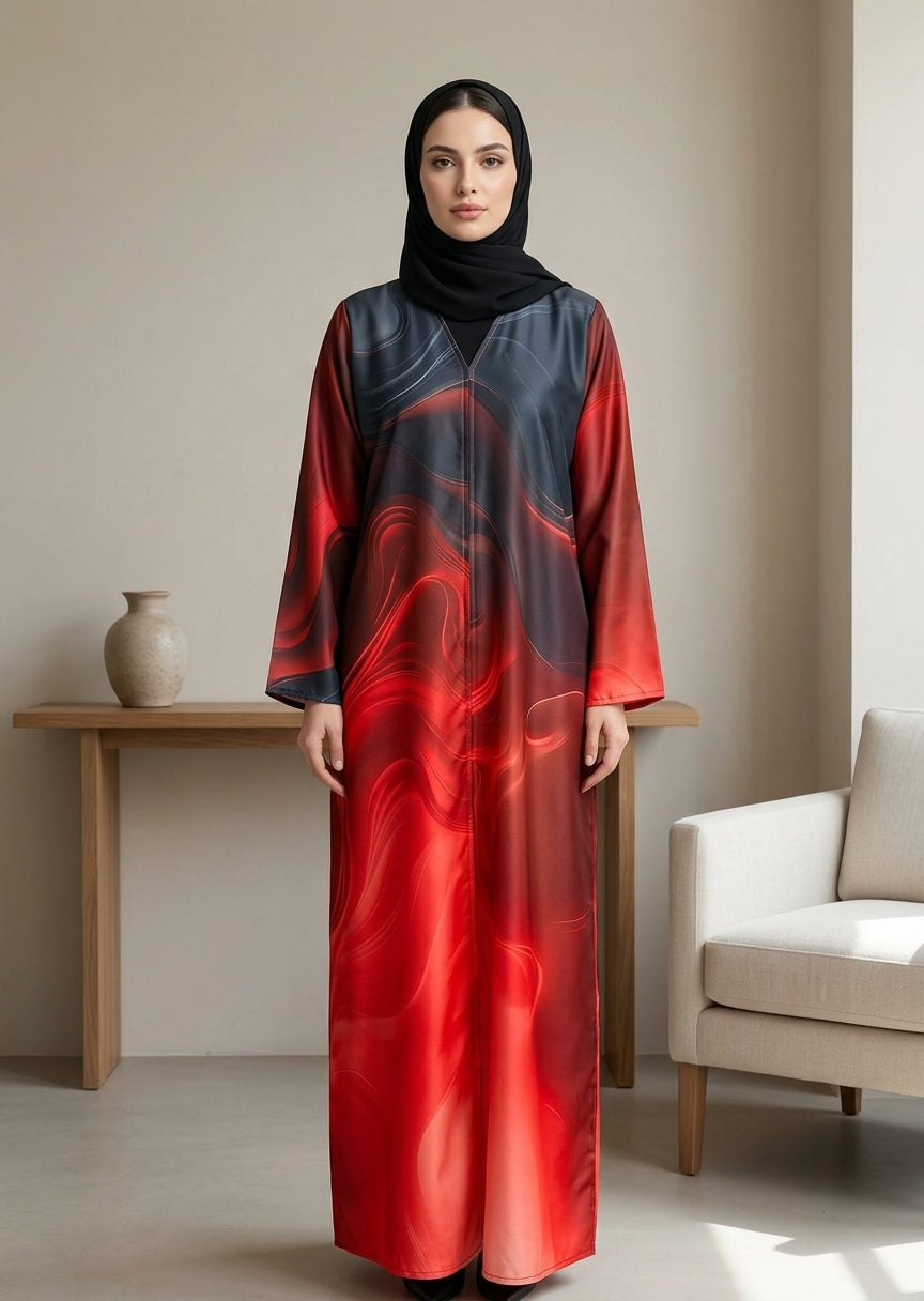Fiery Flame Abstract Print Front-Close Abaya with Matching Sheila