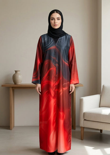 Fiery Flame Abstract Print Front-Close Abaya with Matching Sheila