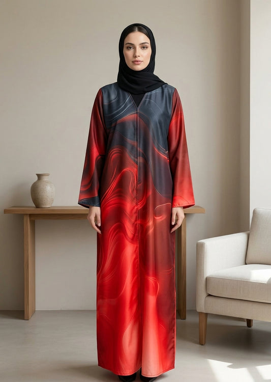 Fiery Flame Abstract Print Front-Close Abaya with Matching Sheila