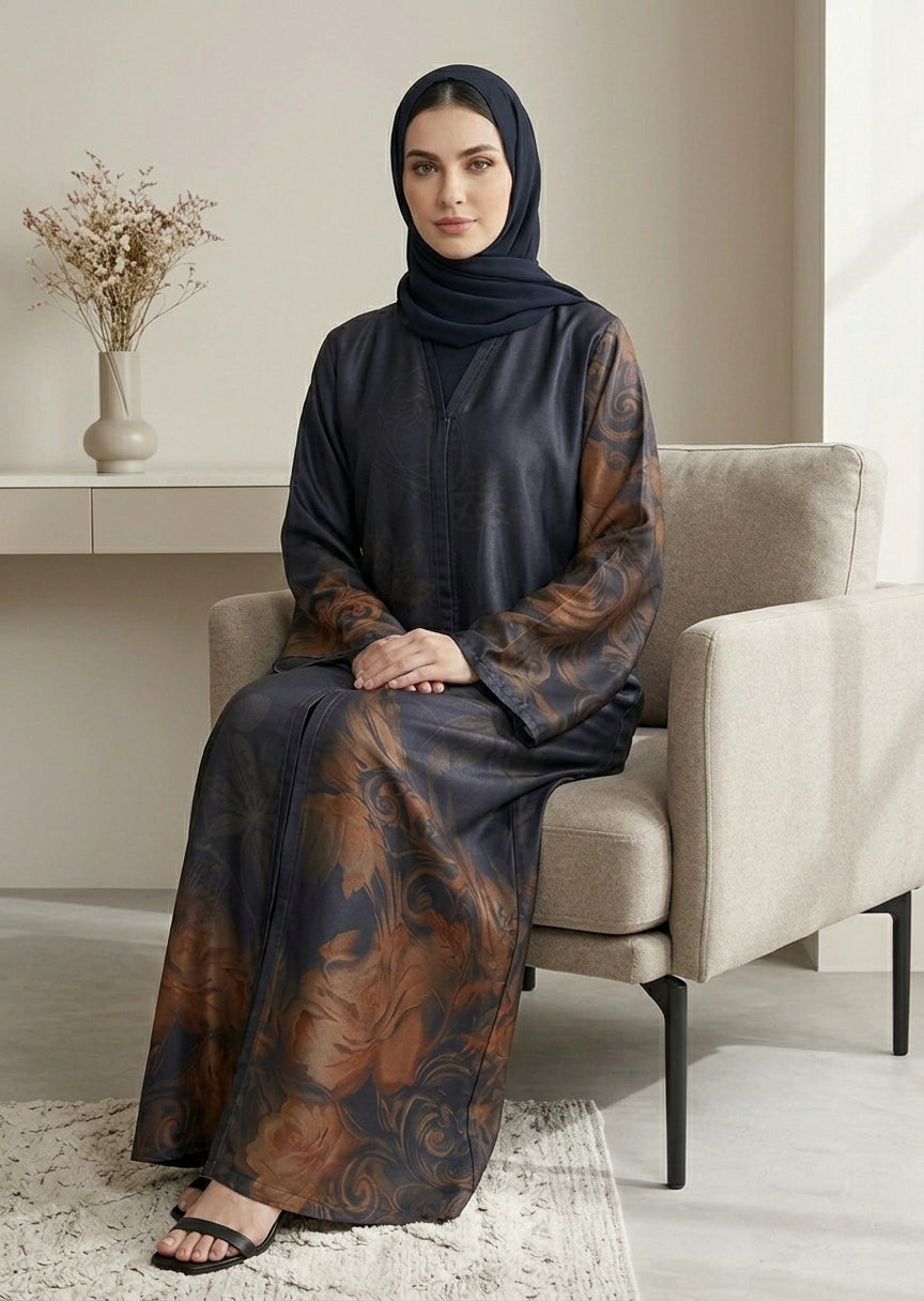 Elegant Floral Print Front-Open Abaya with Matching Sheila – Dark Navy & Bronze