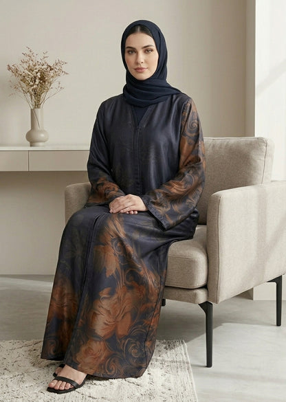 Elegant Floral Print Front-Open Abaya with Matching Sheila – Dark Navy & Bronze