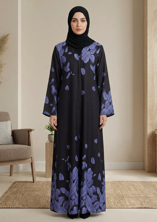 Premium Leaf Print Abaya – Black & Dusty Violet