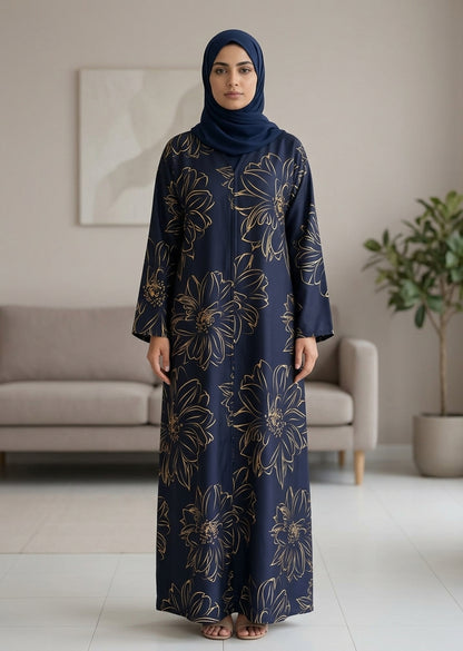 Elegant Gold Floral Black Abaya Set with Matching Hijab