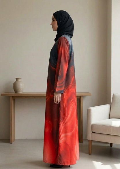 Fiery Flame Abstract Print Front-Close Abaya with Matching Sheila