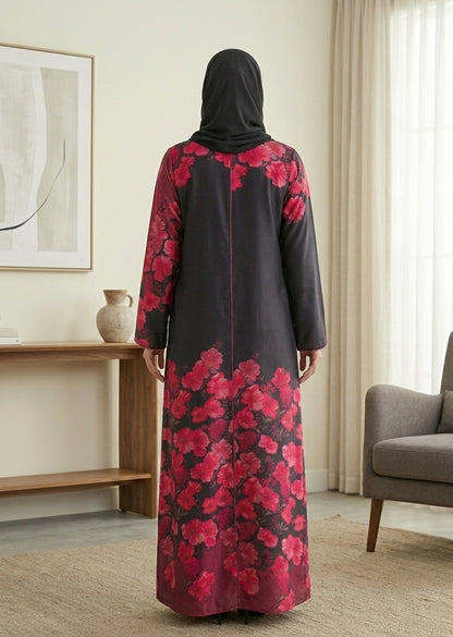 Floral Print Premium Tiktalk Abaya with Matching Sheila – Charcoal & Pink