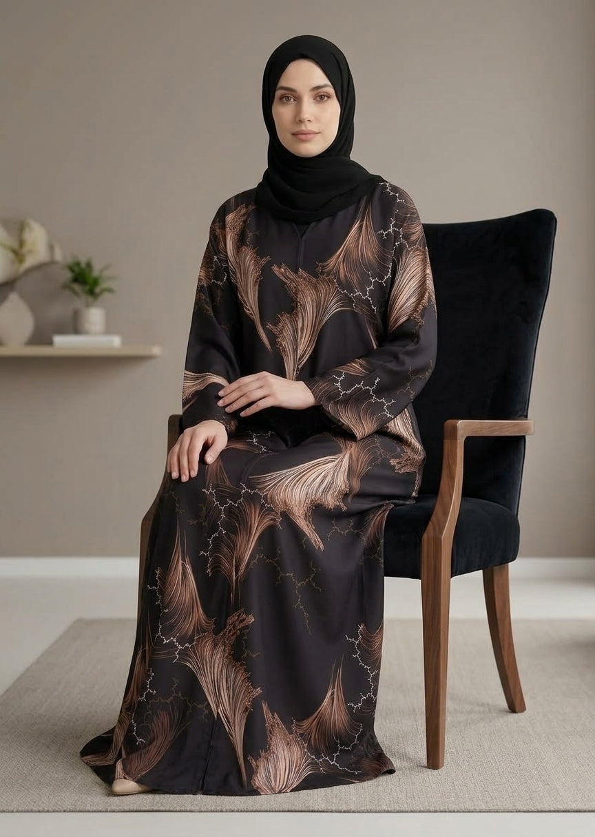 Premium Tiktalk Feather Print Abaya – Black
