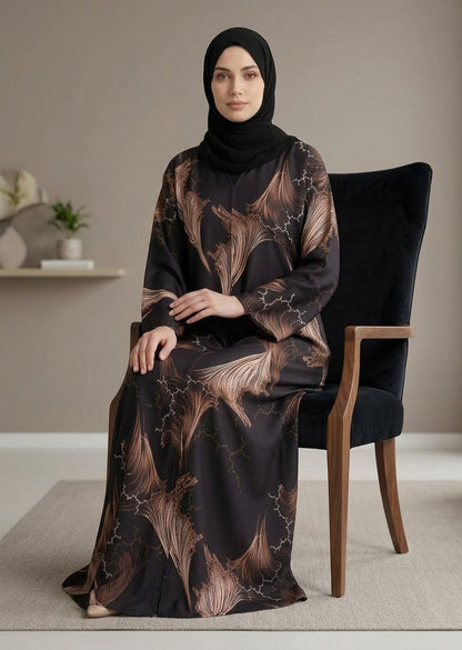 Premium Tiktalk Feather Print Abaya – Black