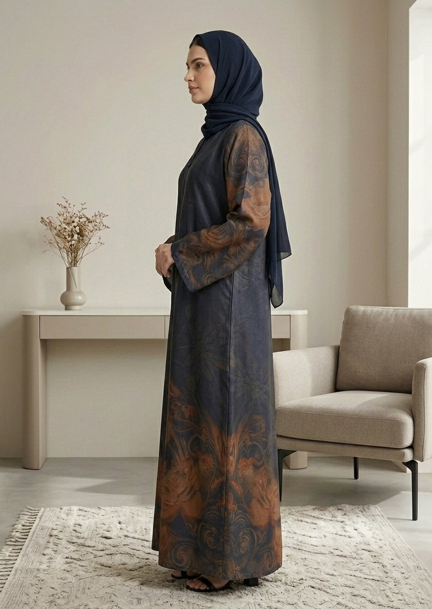 Elegant Floral Print Front-Open Abaya with Matching Sheila – Dark Navy & Bronze