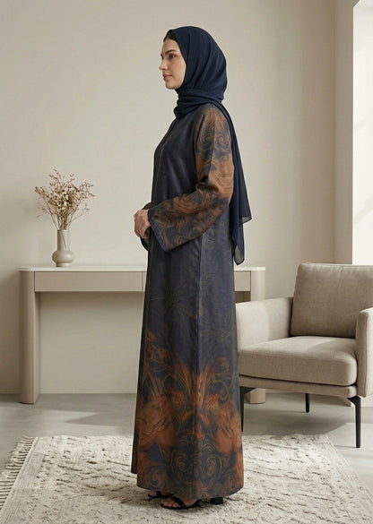 Elegant Floral Print Front-Open Abaya with Matching Sheila – Dark Navy & Bronze