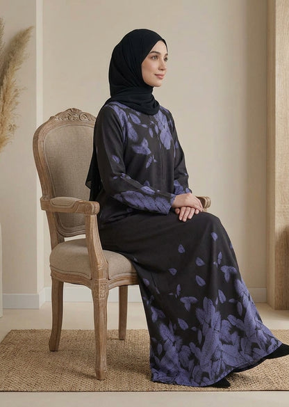 Premium Leaf Print Abaya – Black & Dusty Violet