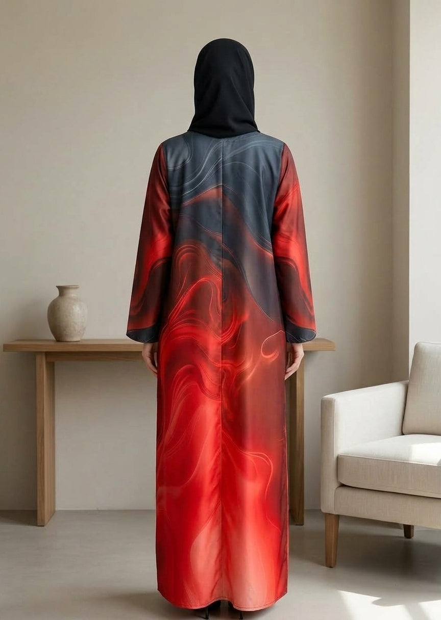 Fiery Flame Abstract Print Front-Close Abaya with Matching Sheila