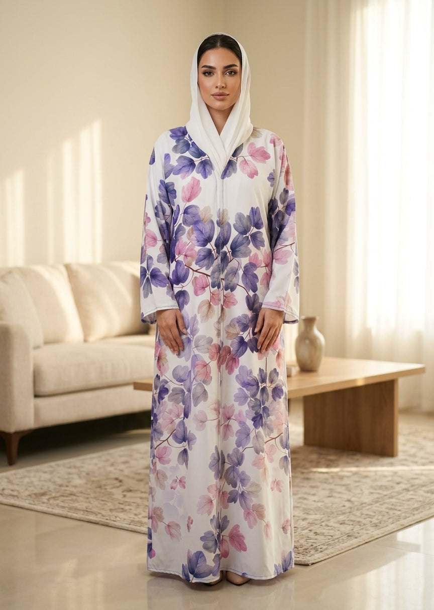Floral Print Premium Tiktalk Closed Abaya – White & Lavender