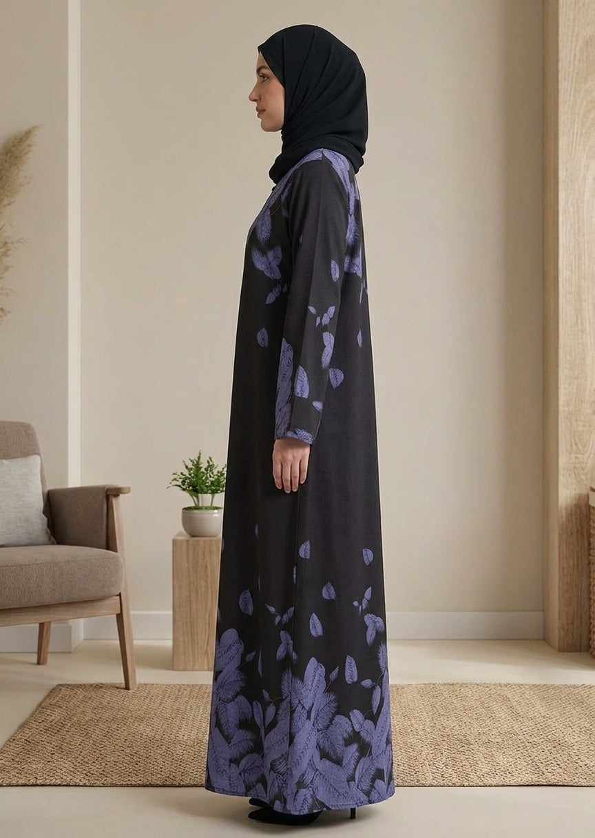 Premium Leaf Print Abaya – Black & Dusty Violet