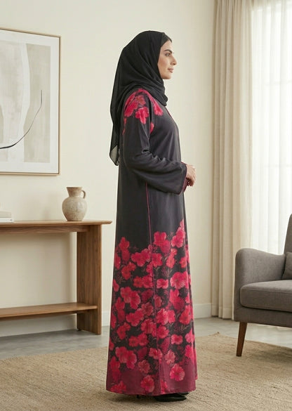 Floral Print Premium Tiktalk Abaya with Matching Sheila – Charcoal & Pink