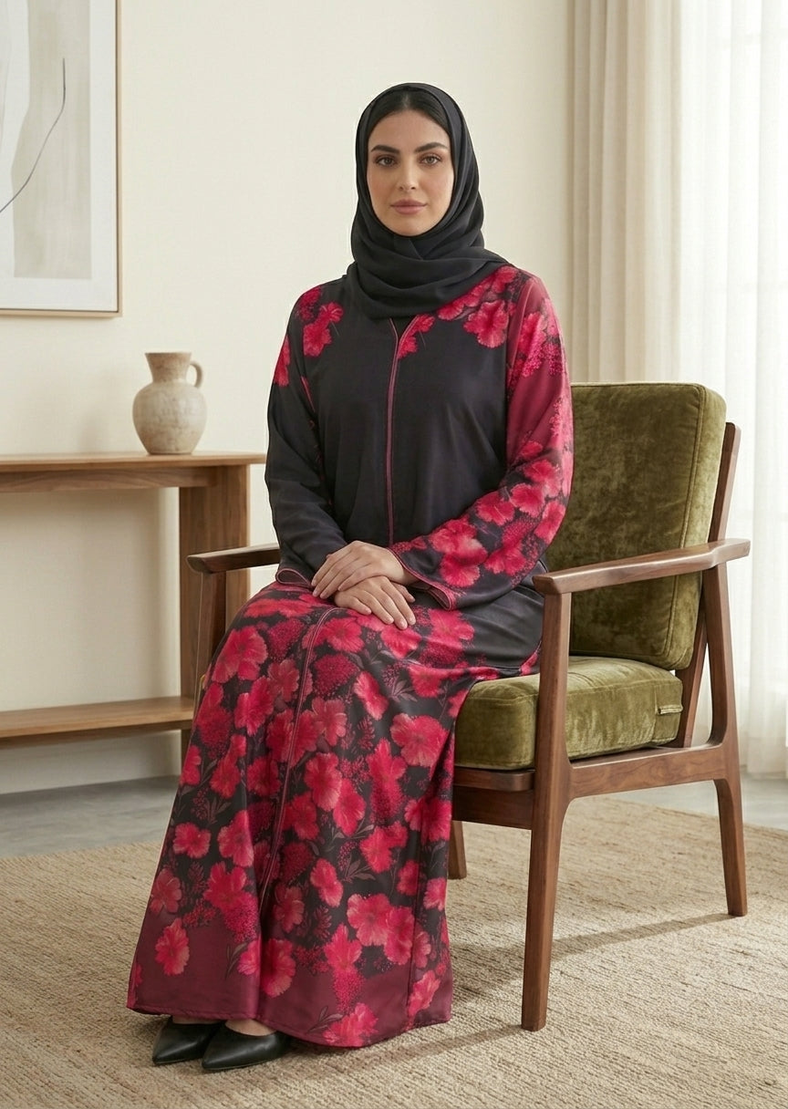 Floral Print Premium Tiktalk Abaya with Matching Sheila – Charcoal & Pink