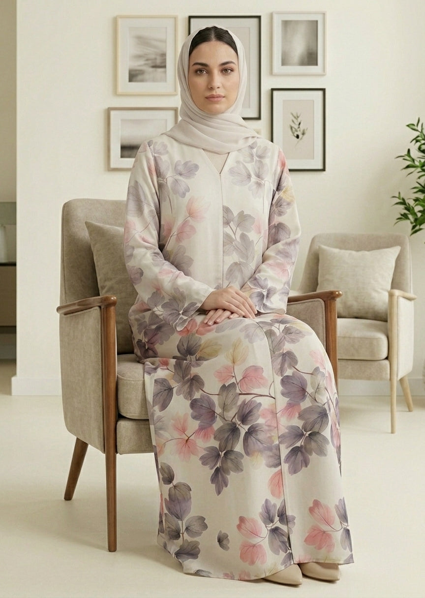 Soft Botanical Print Premium Tiktalk Abaya with Matching Sheila
