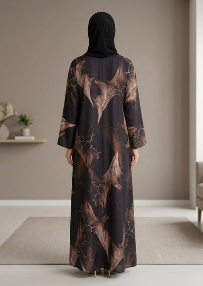 Premium Tiktalk Feather Print Abaya – Black