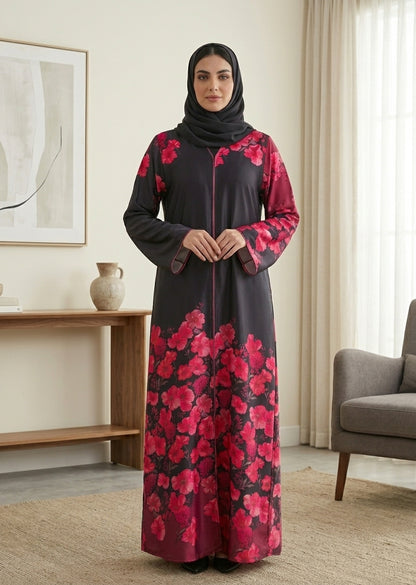 Floral Print Premium Tiktalk Abaya with Matching Sheila – Charcoal & Pink