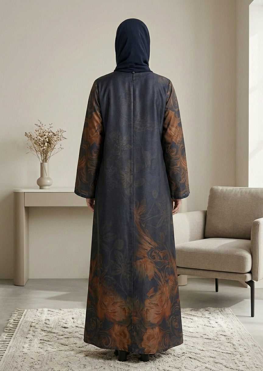 Elegant Floral Print Front-Open Abaya with Matching Sheila – Dark Navy & Bronze