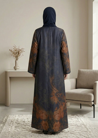 Elegant Floral Print Front-Open Abaya with Matching Sheila – Dark Navy & Bronze